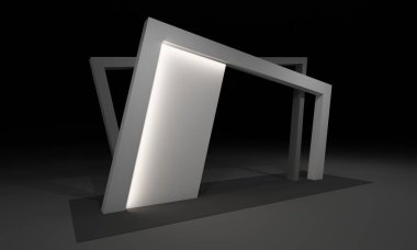 3D render, kapı giriş Booth Sergi tasarım konsepti iç illüstrasyon