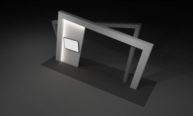 3D render, kapı giriş Booth Sergi tasarım konsepti iç illüstrasyon