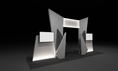 3D render, kapı giriş Booth Sergi tasarım konsepti iç illüstrasyon