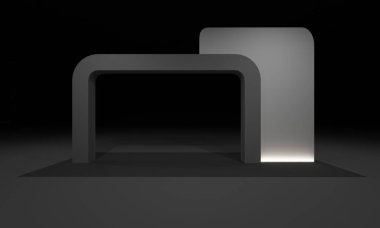3D render, kapı giriş Booth Sergi tasarım konsepti iç illüstrasyon