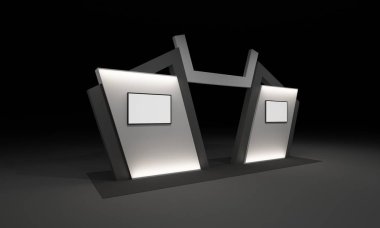 3D render, kapı giriş Booth Sergi tasarım konsepti iç illüstrasyon