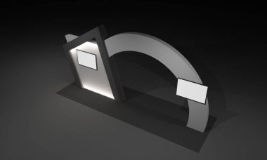 3D render, kapı giriş Booth Sergi tasarım konsepti iç illüstrasyon