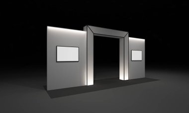 3D render, kapı giriş Booth Sergi tasarım konsepti iç illüstrasyon