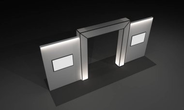 3D render, kapı giriş Booth Sergi tasarım konsepti iç illüstrasyon
