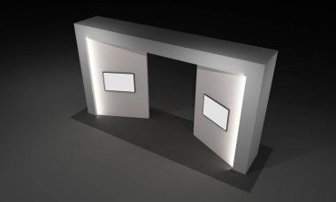 3D render, kapı giriş Booth Sergi tasarım konsepti iç illüstrasyon