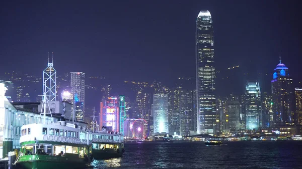 Hong Kong Island Városára Fények Mutatják Este Kowloon Csónakokkal Victorial — Stock Fotó