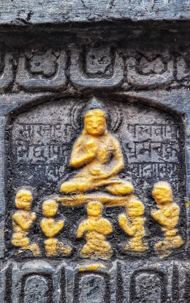 Talla Dorada Buda Gautam Enseñando Monjes Tallados Una Piedra Con — Foto de Stock