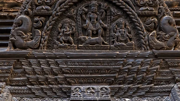 Dřevořezby Hinduistických Bohů Chrám Bhaktapuru Durbar Square — Stock fotografie