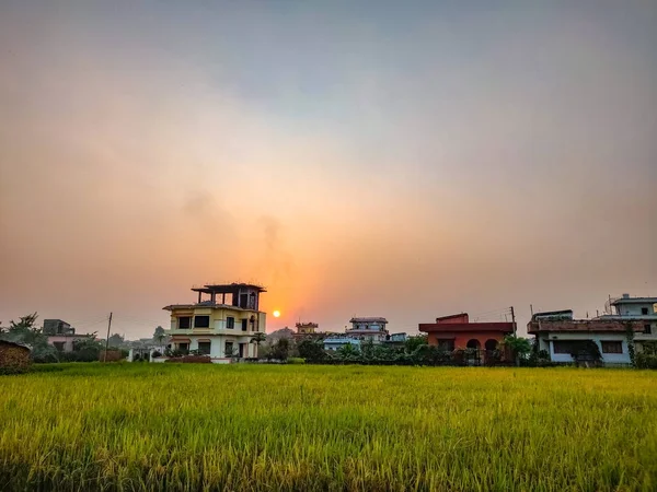 Pôr Sol Nas Terras Planas Nepal Campo Fazenda Campo — Fotografia de Stock