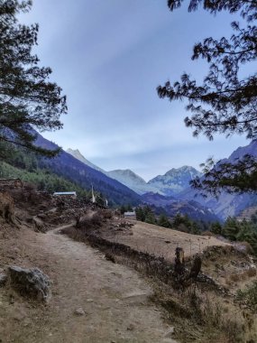 Nepal dağlarında dar bir patika. Nepal Manaslu Koruma Alanı Trekking izi. 