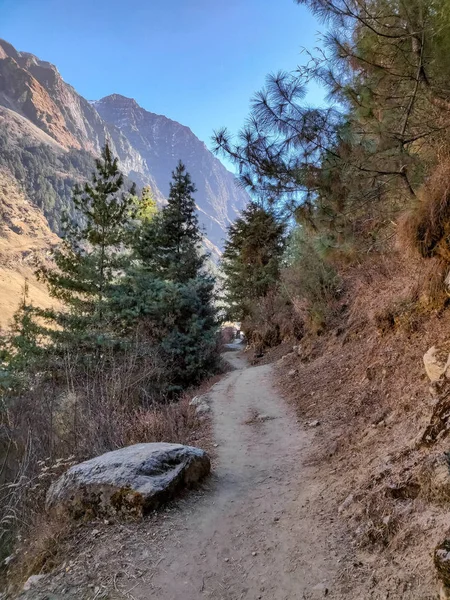 Nepal dağlarında dar bir patika. Nepal Manaslu Koruma Alanı Trekking izi. 