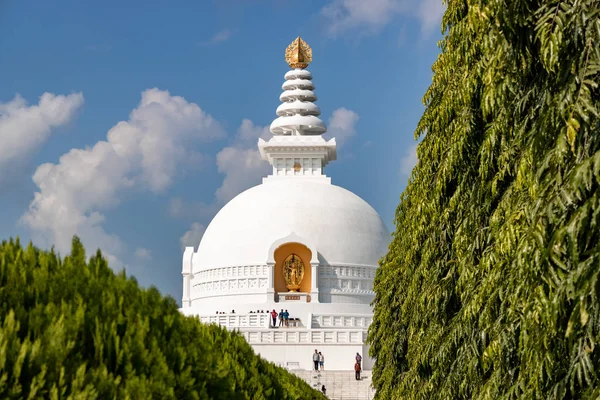 Világbéke Stupa Lumbiniben Nepálban Világbéke Nem Angol Szöveg Lefordítja Nanmyouhourrnn — Stock Fotó