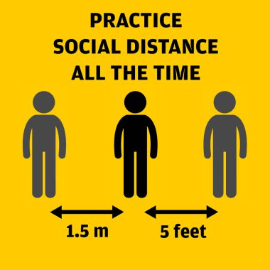 Sosyal Mesafe Mesajı vektör çizimi. Fiziksel mesafeyi her zaman 1,5 metre ya da 6 metre tutun..