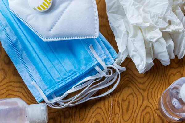 Top Protection Kit Coronavirus Covid Pandemic Hand Sanitizer Bottles Blue — Stock Photo, Image