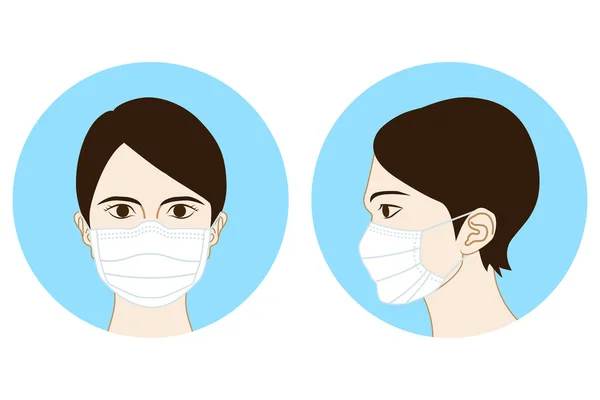 Tıbbi Yüz Koruma Maskeli Bir Kadın Yan Görüş Koruyucu Cerrahi — Stok Vektör