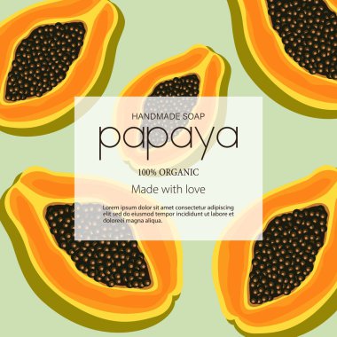 Papaya resimli el yapımı sabun için vektör etiketi. Yüzde yüz organik. Papaya parçaları ve üzerinde şam fıstığı arkaplanı olan beyaz bir çerçeve..