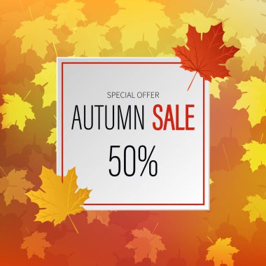 Sonbahar arkaplanı. Sonbahar yapraklı bir reklam afişi. Sonbahar indirimi% 50. Vektör illüstrasyonu