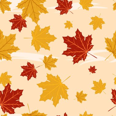 Sonbahar akçaağaç yapraklı kusursuz desen. Duvar kağıdı, hediye kağıdı, tekstil ve tebrik kartları için mükemmel. Vektör illüstrasyonu.