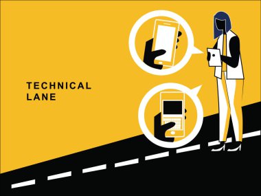 Yol ve akıllı telefon ekranında gösteren farklı teknoloji simgesi üzerinde konuşan adam
