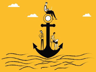 Gemi çapa nehire yüzen üzerinde çalışan insanlar grubu