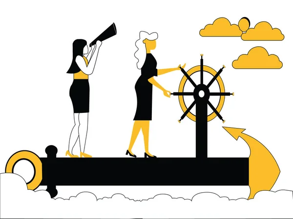 在船锚上航行的妇女用双目搜索 — 图库矢量图片