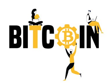 Vektör Word illüstrasyon kavramı bitcoin cryptocurrency ve insanlar şeyler yapıyor