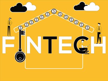 Vektör yaratıcı Word illüstrasyon kavramı Fintech ve iş Doları para ile ilgili faaliyetleri yapan insanlar 