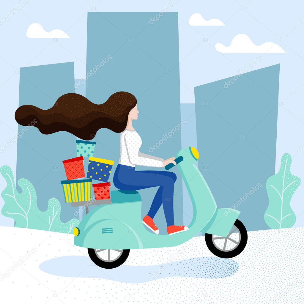 Fast delivery on scooter. Shipment concept. Girl courier rides a moped in the city. Delivery service poster with female character. Vector illustration