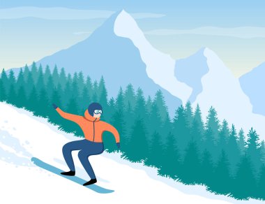 Snowboard Dağları ve ağaçları arka plan üzerinde