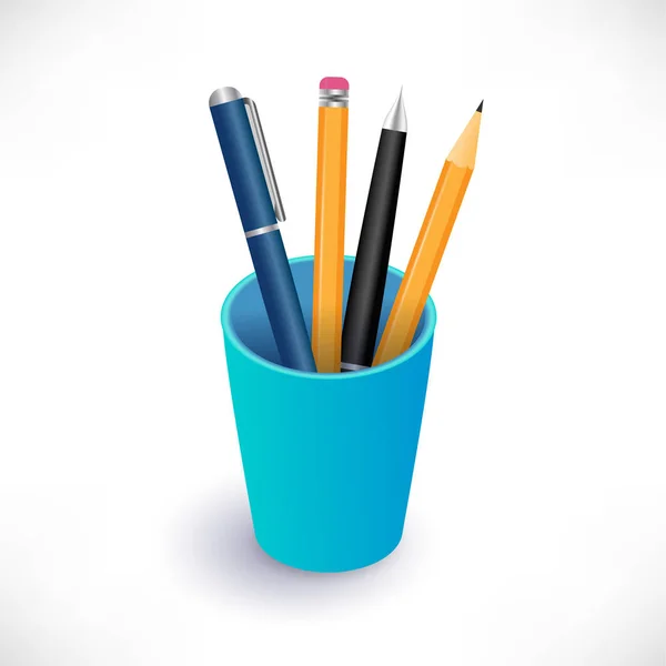 青いカップのペンや鉛筆 — ストックベクタ