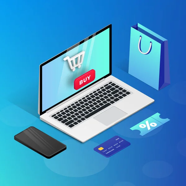 Shopping Online laptop blå isometrisk illustration — Stock vektor