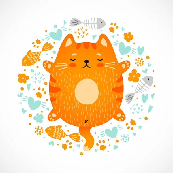 Divertente doodle dormire gatto rosso — Vettoriale Stock