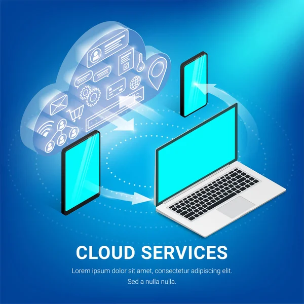 Dispositivos de concepto de servicios en la nube isométricos — Vector de stock