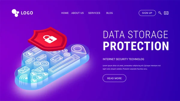 Proteção de armazenamento de dados isométricos aterragem violeta — Vetor de Stock
