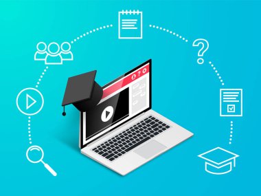 mezuniyet kap simgeleri mavi ile dizüstü bilgisayar