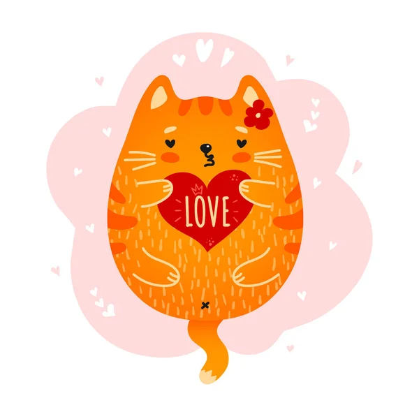Carino gatto rosso con amore cuore nelle zampe — Vettoriale Stock