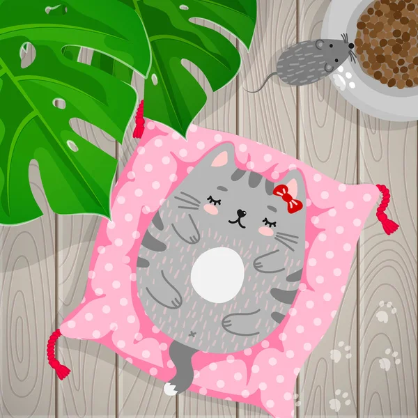 Gatito gris durmiendo en almohada — Vector de stock