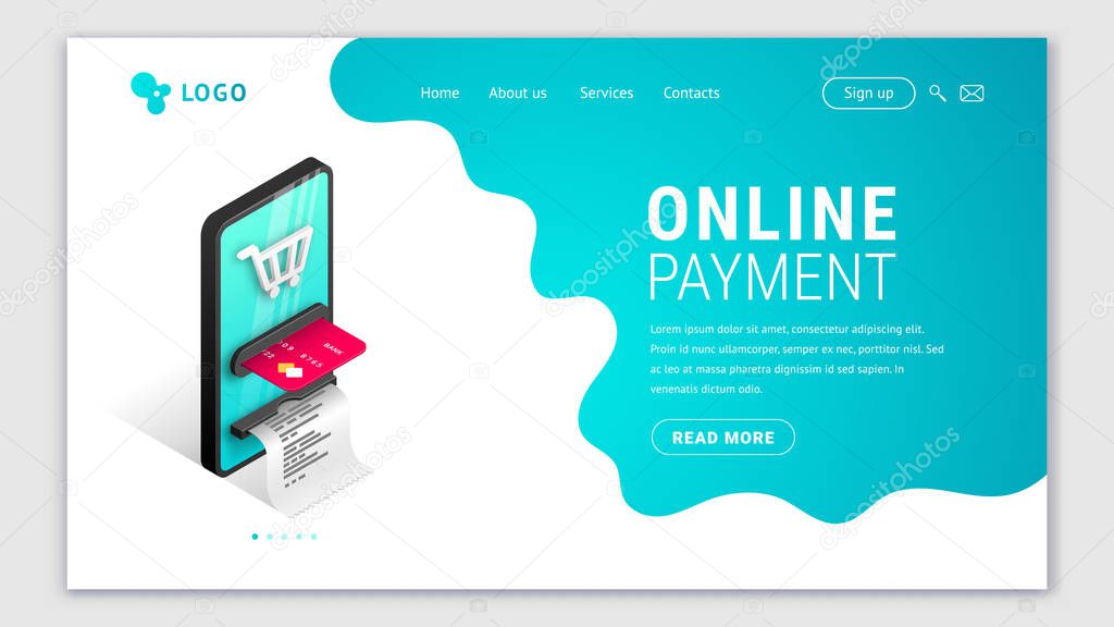 Landing page web design template for online payment. 3d isometric concept for online shopping site. Internet store template with smartphone integrated ATM and fluid background. Vector illustration