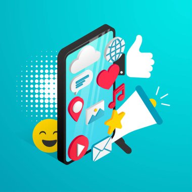 Isometrik sosyal medya konsept telefon