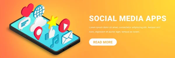 Isometrik sosyal medya uygulamaları kavramı yatay — Stok Vektör
