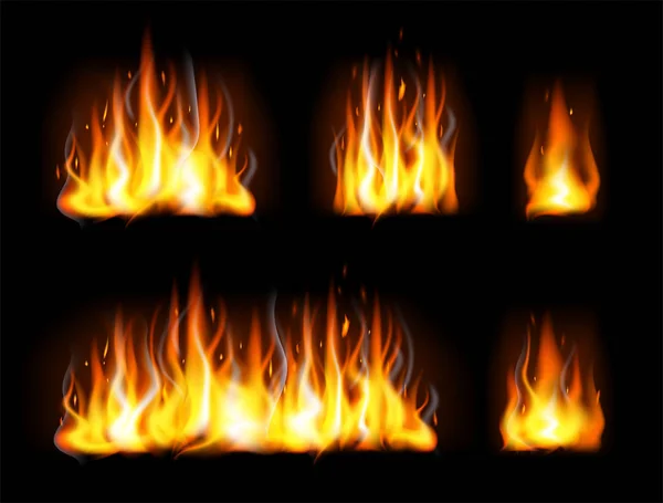 Realistic fire flames set on black — Stock Vector