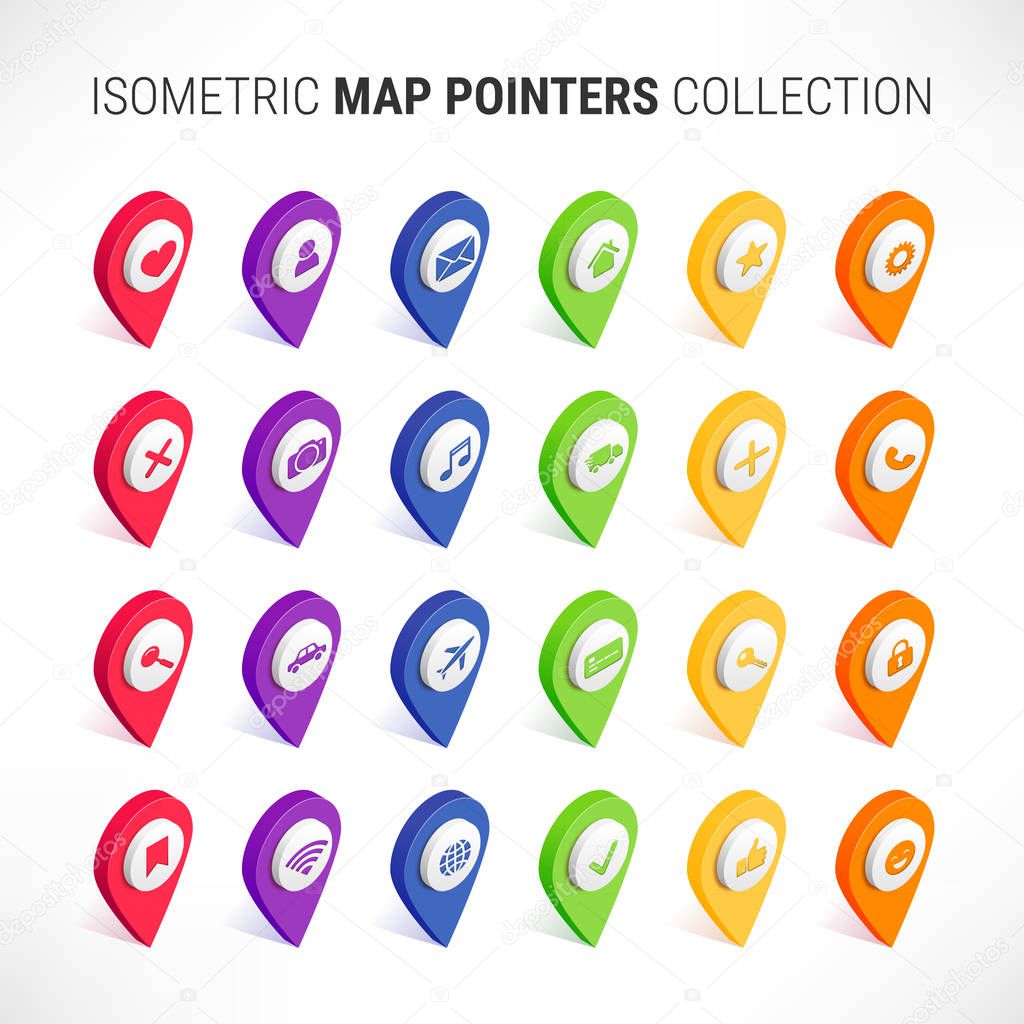 Map pointer pin isometric with icons set