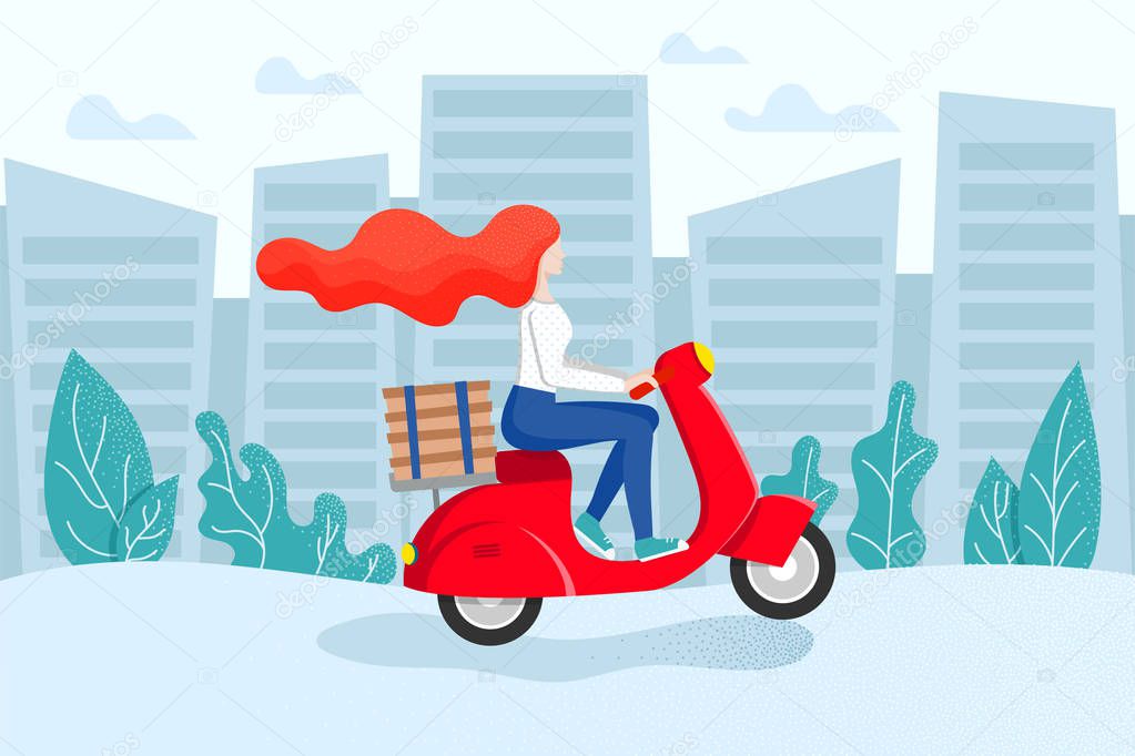 Free Express city pizza delivery on scooter. Fast shipment concept. Redhead girl courier rides a moped with stack of boxes. Delivery service poster with female character. Vector illustration