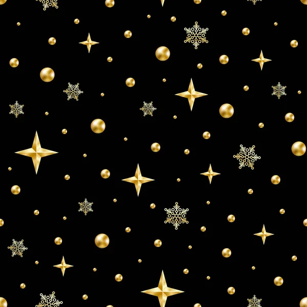Problemfri mønster guld perle, stjerne, snefnug sort – Stock-vektor