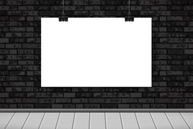 İçi boş beyaz posterli, siyah tuğladan duvarlı, ahşap zemin. Moda galerisi sergisi iç mimarisi. Web için Vektör İllüstrasyonu, poster modeli, sergi