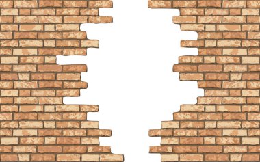 Klasik gerçekçi kırık tuğla duvar arka planı. Düz duvar dokusunda beyaz bir delik. Ağ, tasarım, dekor ve arkaplan için sarı desenli tuğla. Vektör illüstrasyonu.