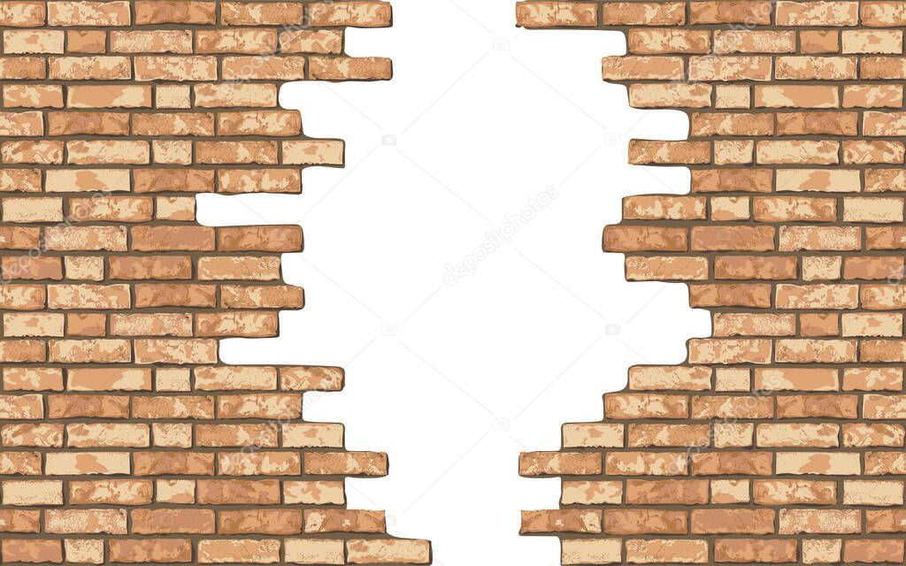 Vintage realistic broken brick wall background. White hole in flat wall texture. Yellow textured brickwork for web, design, decor, background. Vector illustration.