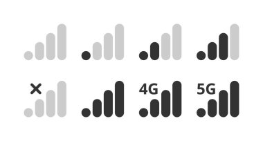 Sinyal gücü göstergesi ayarlandı, cep telefonu çubuğu durum simgesi. Sinyal sembolü yok, 4g ve 5g ağ bağlantı seviyesi işareti. Web, uygulama, tasarım arayüzü için vektör illüstrasyonu.