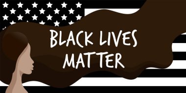 Siyahların Yaşamı Önemlidir. Afroamerikalı bir kadınla Vector Illustration ve siyah amerikan bayrağı hakkında yazı. Irkçılığa ve sosyal eşitsizlik kavramına karşı protesto. Sosyal medya, web, afiş için.