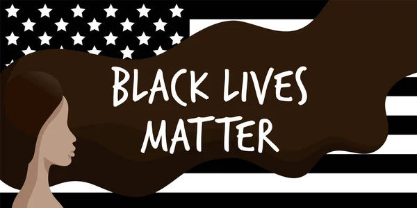 黒が重要 アフリカ系アメリカ人女性と黒系アメリカ人の国旗を背景にしたベクトルイラスト 人種主義と社会的不平等の概念に対する抗議 ソーシャルメディア ウェブ バナー — ストックベクタ